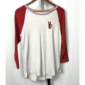 Old Navy Top T Shirt Peace Sign Heather Beige Red Raglan Ringer Women Size Small